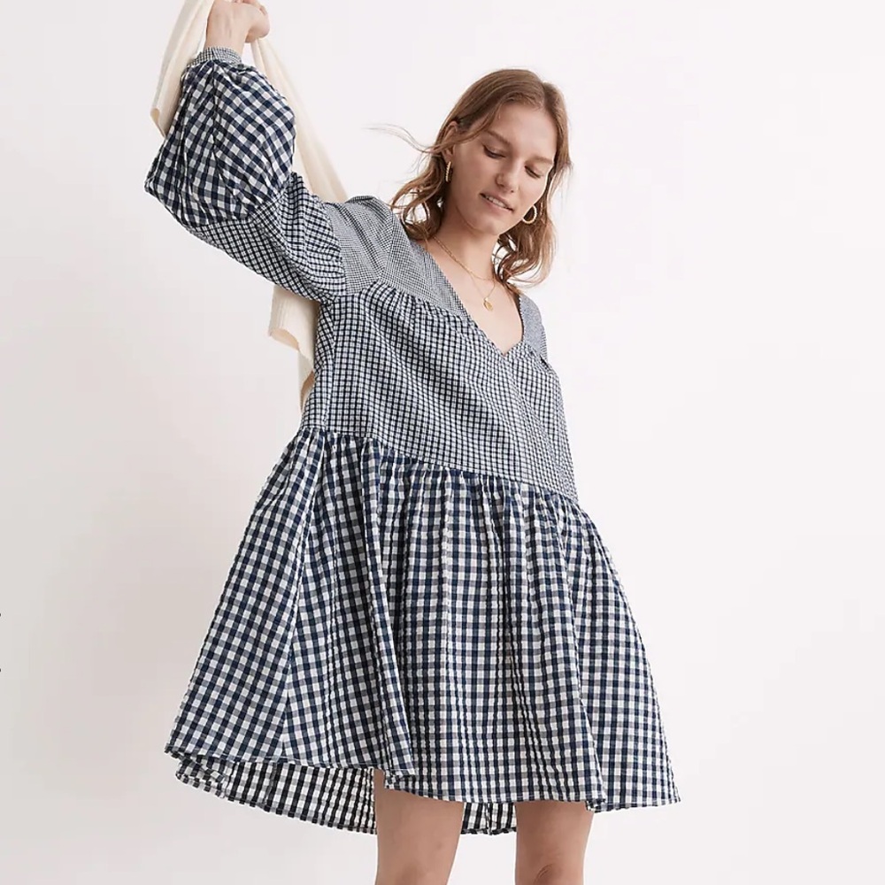 Seersucker V-Neck Mini Dress in Gingham Check